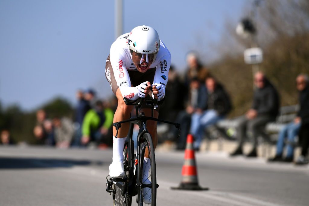 CAMAIORE ITALY MARCH 07 Benoit Cosnefroy of France and AG2R Citroen Team sprints during the 57th TirrenoAdriatico 2022 Stage 1 a 139km individual time trial from Lido di Camaiore to Lido di Camaiore TirrenoAdriatico on March 07 2022 in Camaiore Italy Photo by Tim de WaeleGetty Images