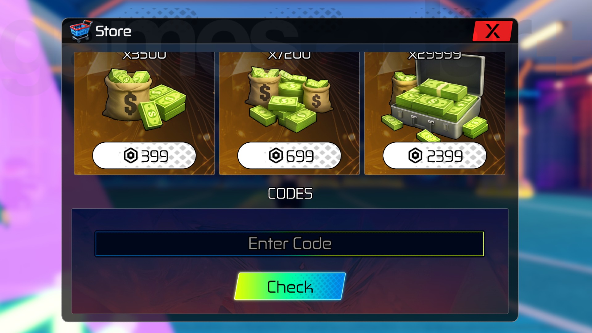 The in-game menu where you can redeem Neo Tennis codes.