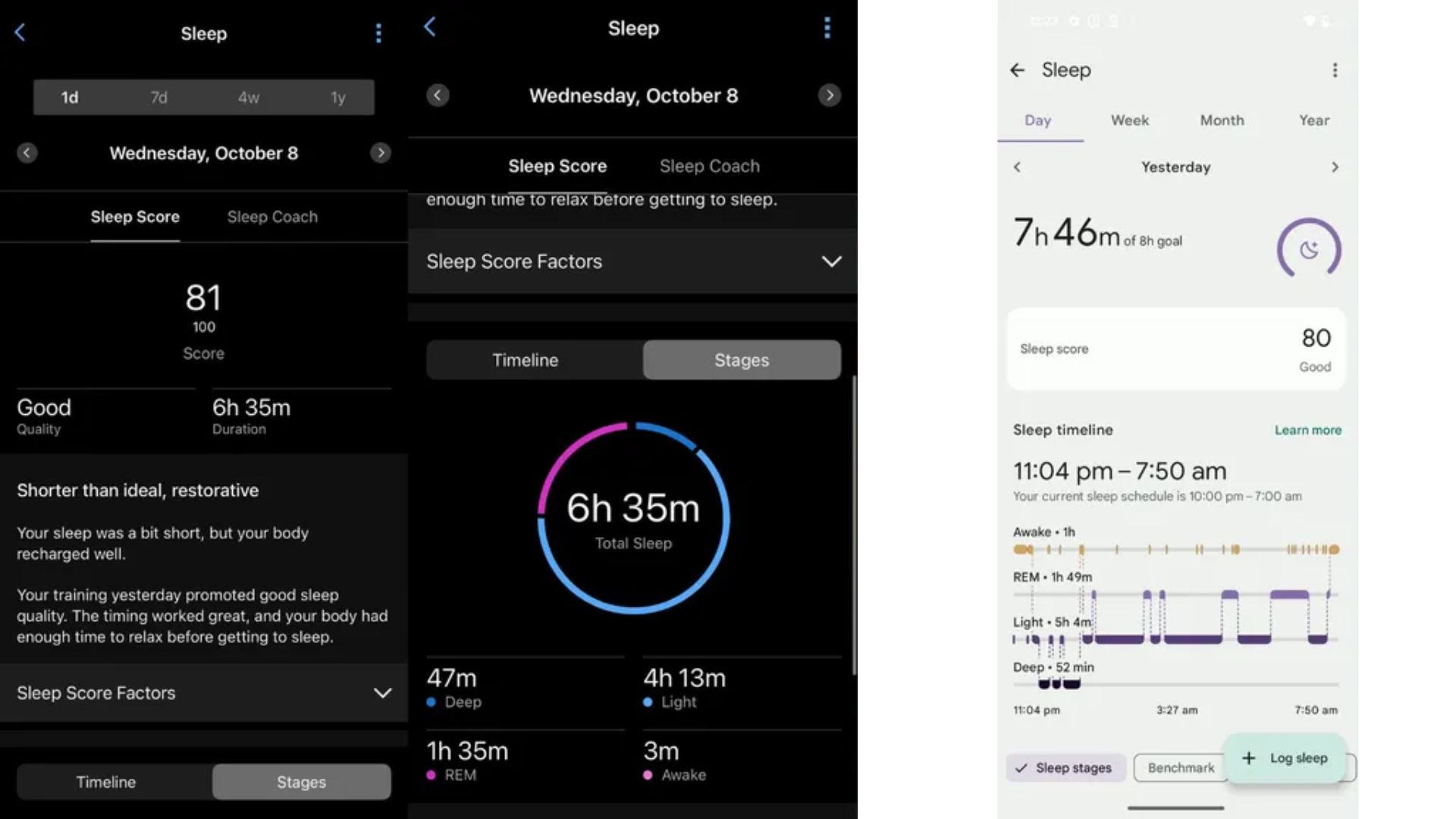 Grace Walsh&#039;s screenshots of the Garmin sleep score page next to Fitbit sleep insights