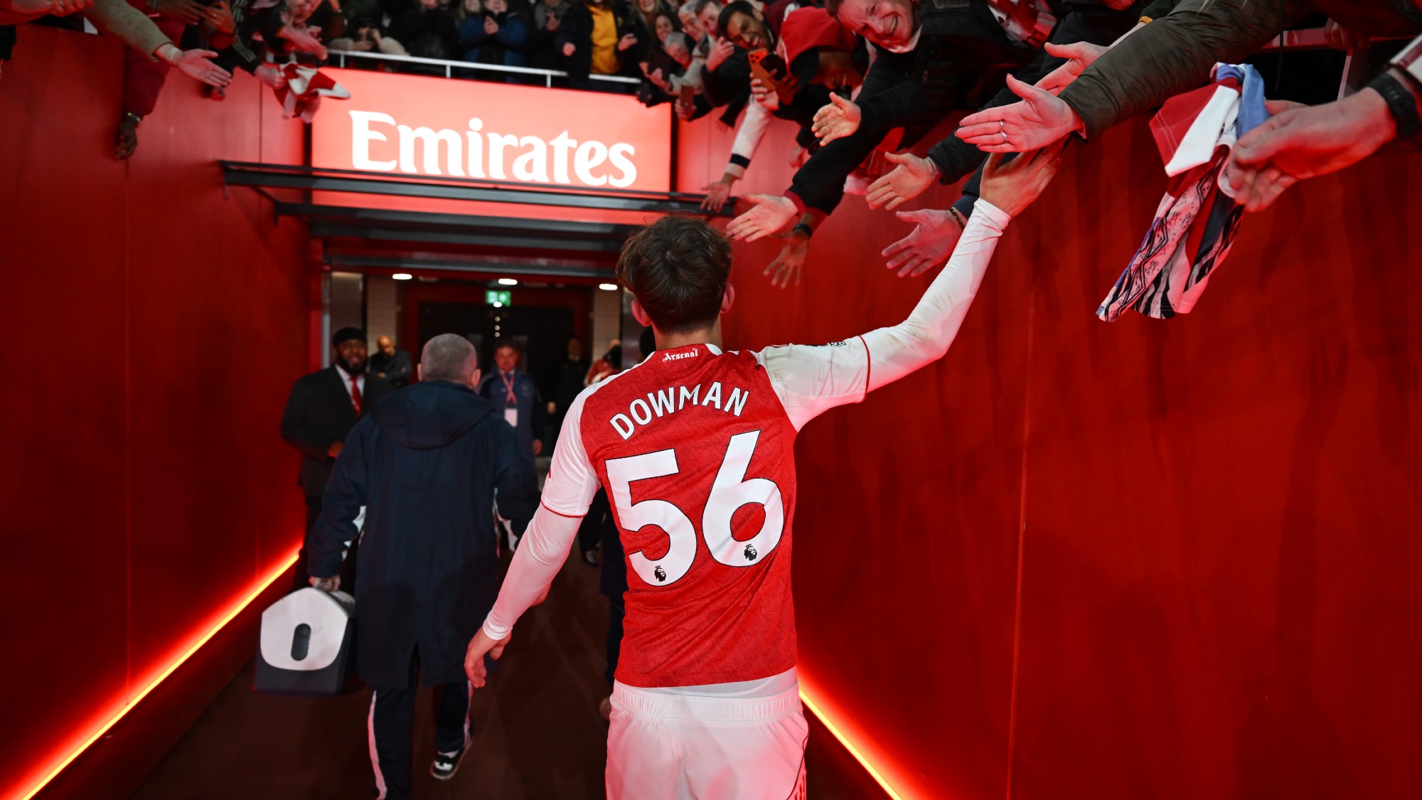 Max Dowman celebrates with the fans after the Premier League match between Arsenal and Everton at Emirates Stadium