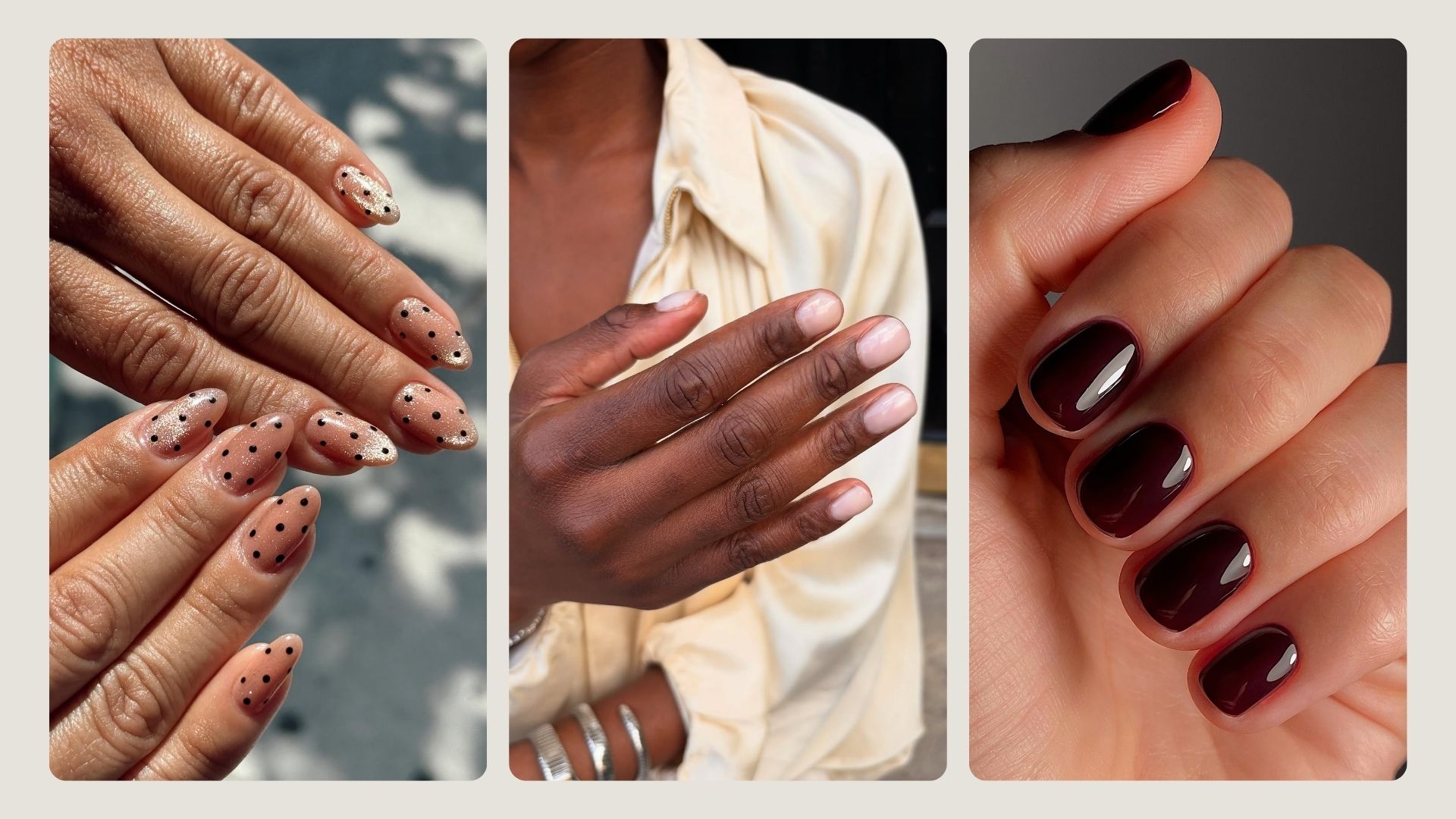 A collage of autumn nail trends, including short dark red nails, milky pink sheer nails and polka dot nails