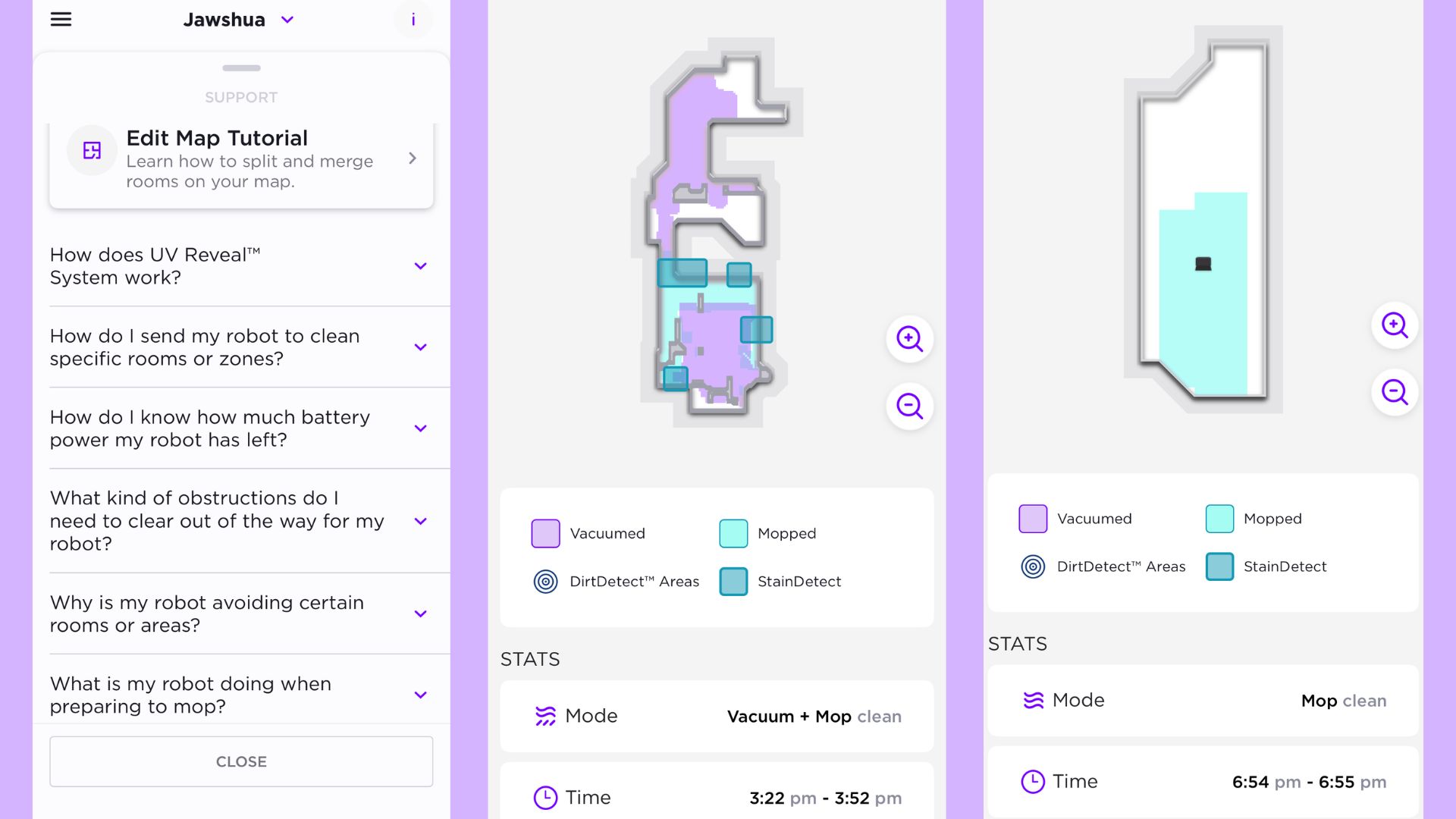 Screenshots of the Shark PowerDetect UV Reveal 2-in-1 Robot Vacuum &amp;amp; Mop app