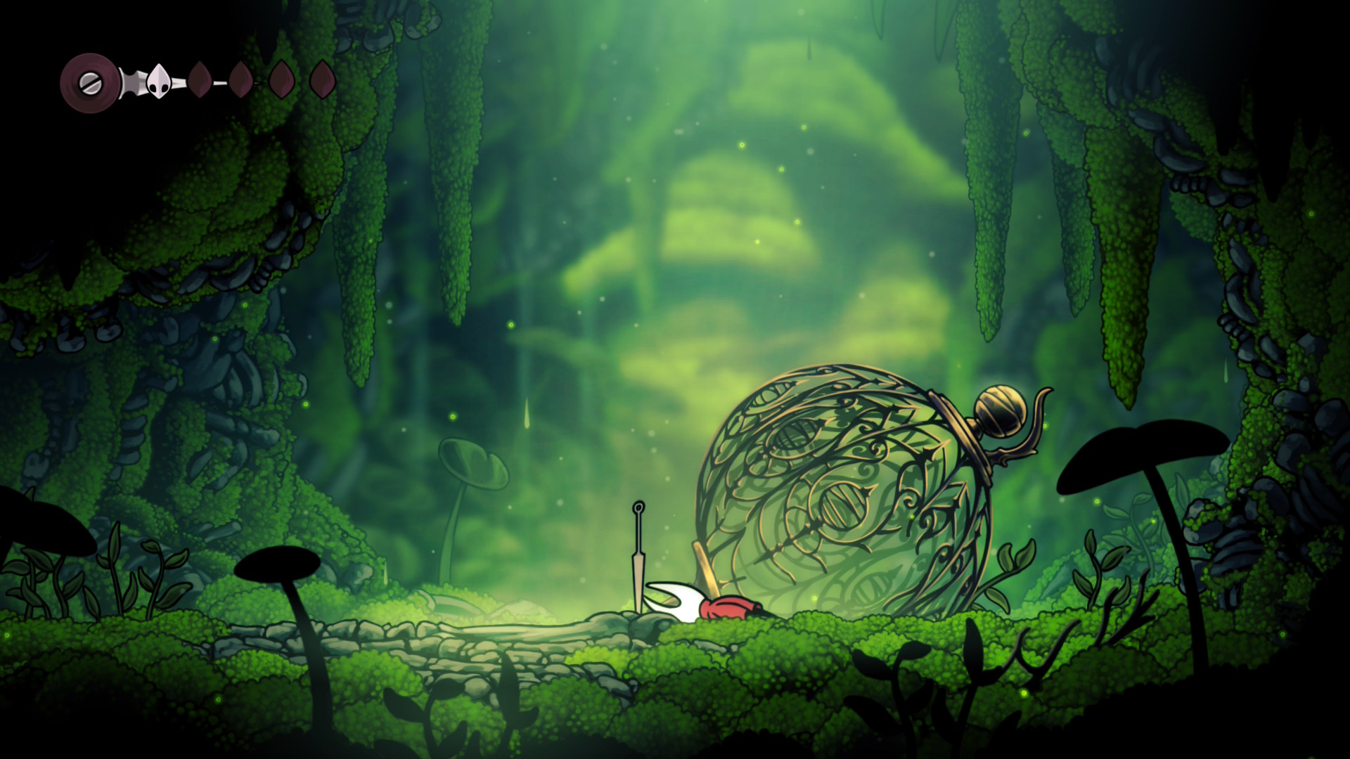 Hornet where she lands at the beginning of the game in Hollow Knight: Silksong, with the Needle next to her sticking out of the ground, in Moss Bottom