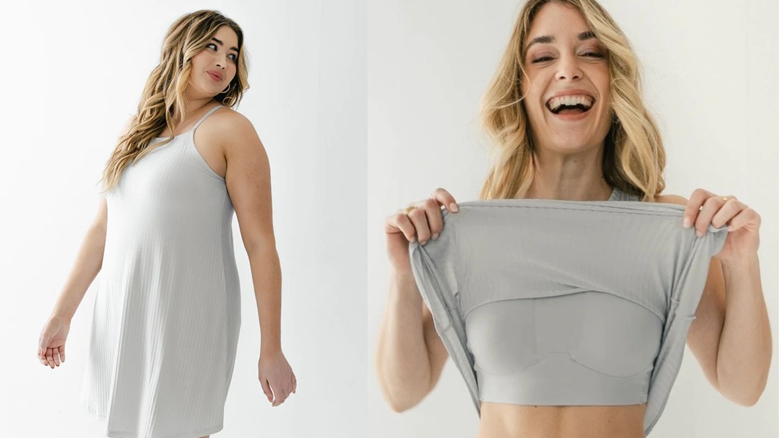 model wearing a grey ribbed dress