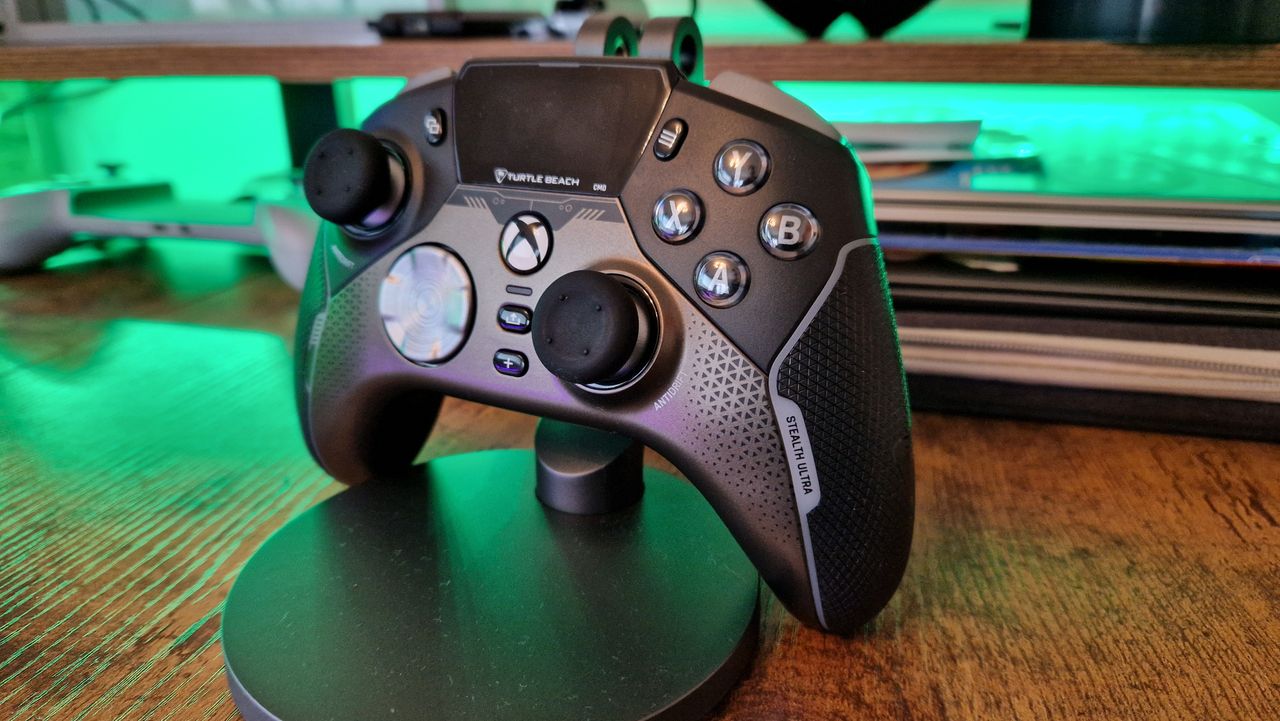 Turtle Beach Stealth Ultra Wireless review image of the controller propped up on a stand
