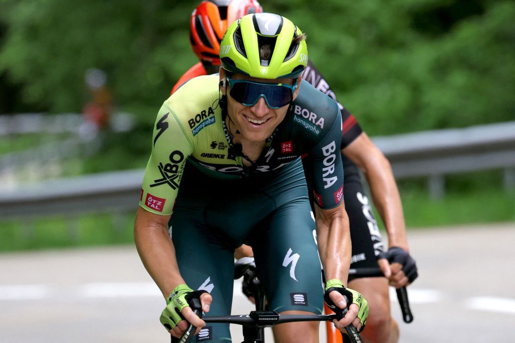 Team Bora&#039;s Russian rider Aleksandr Vlasov takes part in a breakaway in the sixth stage of the 76th edition of the Criterium du Dauphine cycling race, 174,1km between Hauterives and Le Collet d&#039;Allevard, French Alps, on June 7, 2024. (Photo by Thomas SAMSON / AFP)