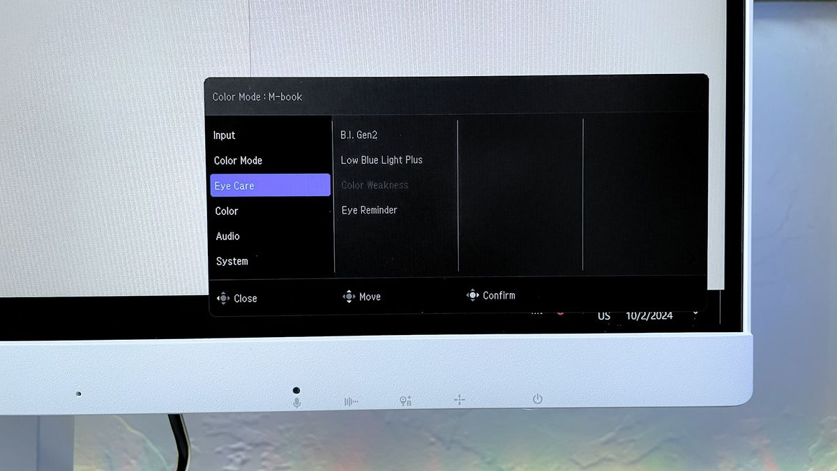 Close up of the "Eye Care" menu pop up on the BenQ GW2790QT Ergonomic Eye-Care monitor