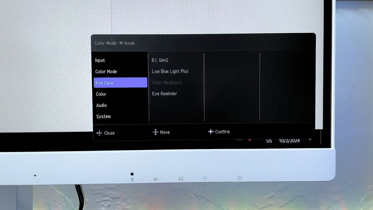 Close up of the "Eye Care" menu pop up on the BenQ GW2790QT Ergonomic Eye-Care monitor