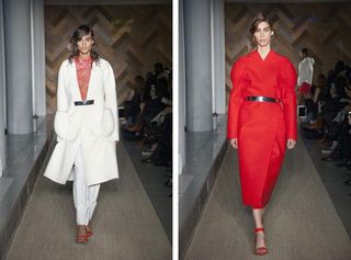 female models wearing a white and red outfit walking the catwalk