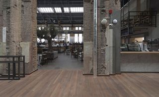 View from the inside dining area of the Cultural Centre, Dordrecht, wooden floor, rustic brick walls, glazed roof with black metal framework, dining tables and chairs, bar and serving counters, waiting staff, planted tree in the centre in a brick surround, tall windows letting in daylight