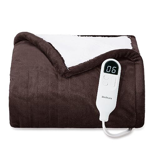 Bedsure Heated Blanket Throw Blanket - Fast Heating Electric Blanket, Soft Flannel Heated Throw With 4 Time Settings, 6 Heating Settings, Warm Gifts for Grandma Granpa (50x60 Inches, Brown)
