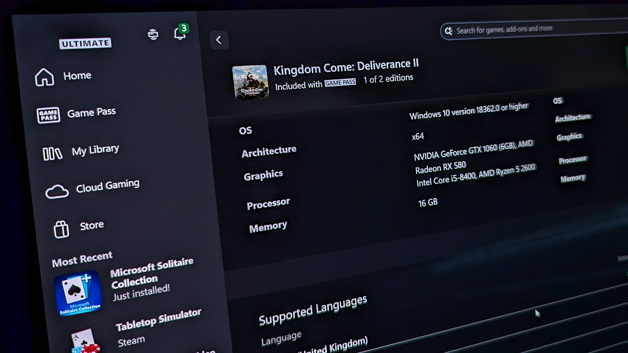 Kingdom Come: Deliverance II on Xbox PC app displaying x64 architecture and other specifications