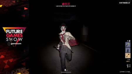 Weird clown man in Dark Hours with Future Games Show logo