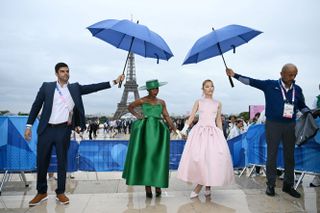 Cynthia Erivo and Ariana Grande attend the 2024 Olympics opening ceremony in paris france