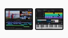 Two iPads side by side with Final Cut Pro and Logic Pro on screen