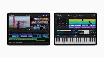 Two iPads side by side with Final Cut Pro and Logic Pro on screen