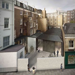 Digital image of a modern building nestled between old tenement buildings