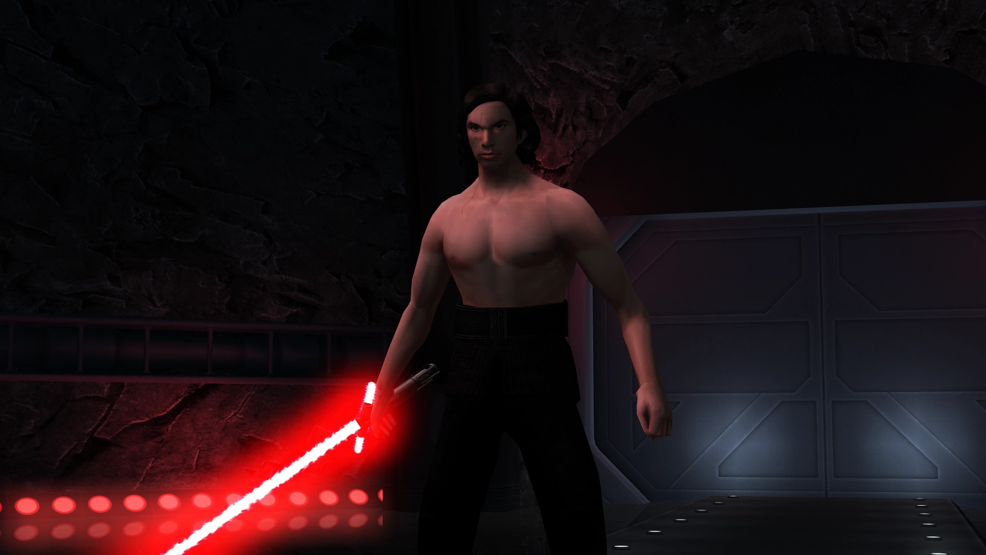Shirtless Kylo Ren with crossguard lightsaber rendered in Jedi Academy