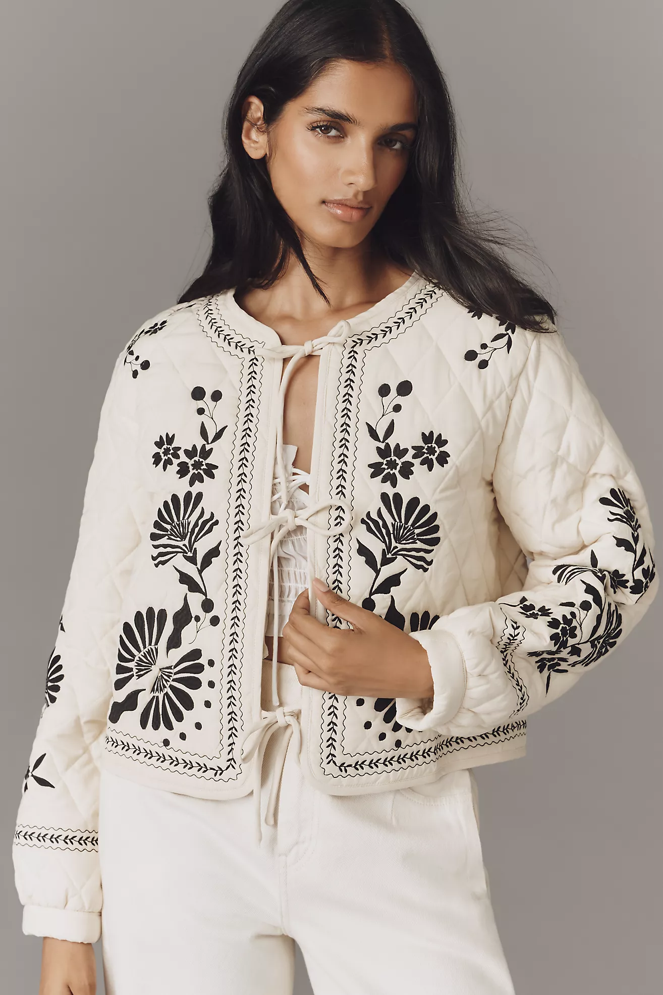 Mable Embroidered Tie-Front Quilted Jacket