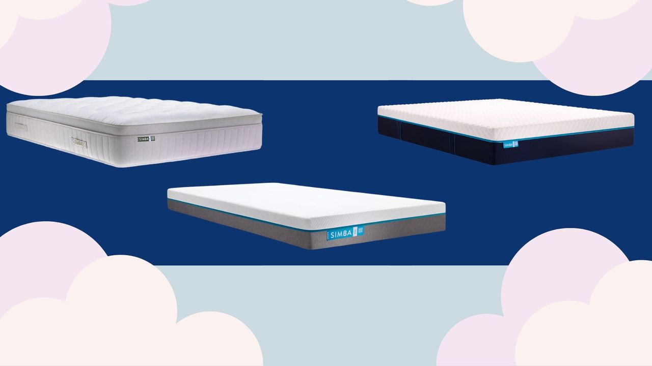 three of the best simba mattresses on sale on a blue background with clouds around them