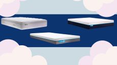 three of the best simba mattresses on sale on a blue background with clouds around them