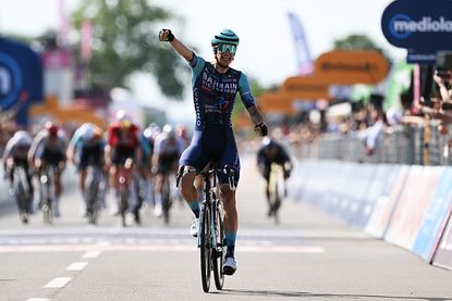 NOVI LIGURE, ITALY - MAY 21: Alec Segaert of Belgium and Team Bahrain - Victorious celebrates at finish line as stage winner during the 109th Giro d'Italia 2026, Stage 12 a 175km stage from Imperia to Novi Ligure / #UCIWT / on May 21, 2026 in Novi Ligure, Italy. (Photo by Dario Belingheri/Getty Images)