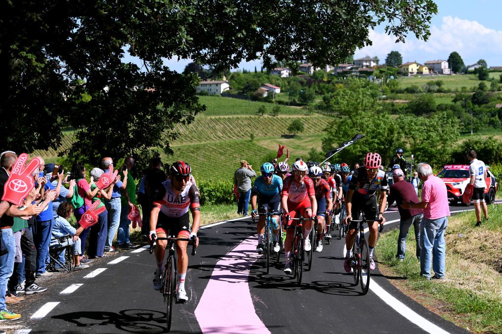 STRADELLA ITALY MAY 27 Diego Ulissi of Italy and UAE Team Emirates Simone Consonni of Italy and Team Cofidis Samuele Battistella of Italy and Team Astana Premier Tech Alberto Bettiol of Italy and Team EF Education Nippo in the Breakaway during the 104th Giro dItalia 2021 Stage 18 a 231km stage from Rovereto to Stradella UCIworldtour girodiitalia Giro on May 27 2021 in Stradella Italy Photo by Tim de WaeleGetty Images