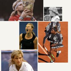 A collage featuring iconic fashion moments throughout tennis's history. 