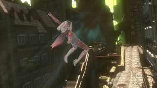 Gravity Rush protagonist falling through space.