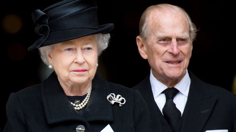 Britain's Queen Elizabeth II and Britain's Prince Philip, Duke of Edinburgh, leave St Paul's Cathedral at the end of the ceremonial funeral of British former prime minister Margaret Thatcher in central London on April 17, 2013