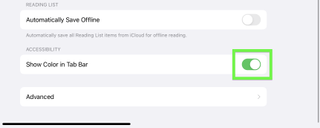 How to stop Safari from changing color on iPadOS step 3: turn off show color in tab bar
