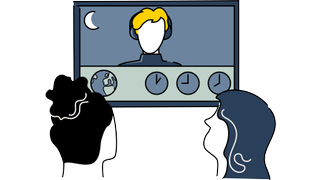An animated image of a hybrid meeting with two woman looking at a man on a display. 