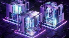 Quantum computing concept image showing three purple-colored, glowing blocks placed on top of circuit boards with connected data flows.