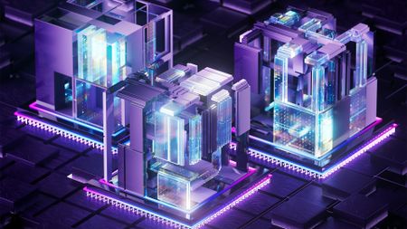 Quantum computing concept image showing three purple-colored, glowing blocks placed on top of circuit boards with connected data flows.