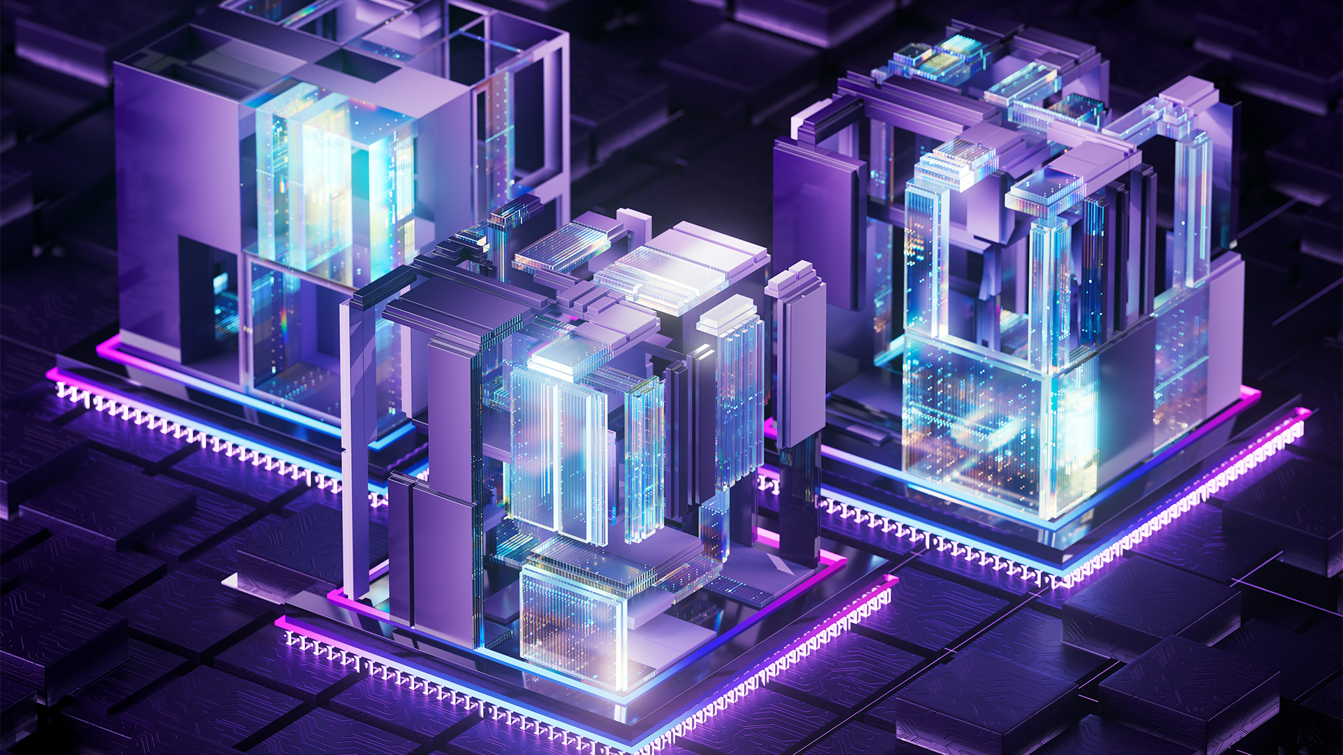 Quantum computing concept image showing three purple-colored, glowing blocks placed on top of circuit boards with connected data flows.