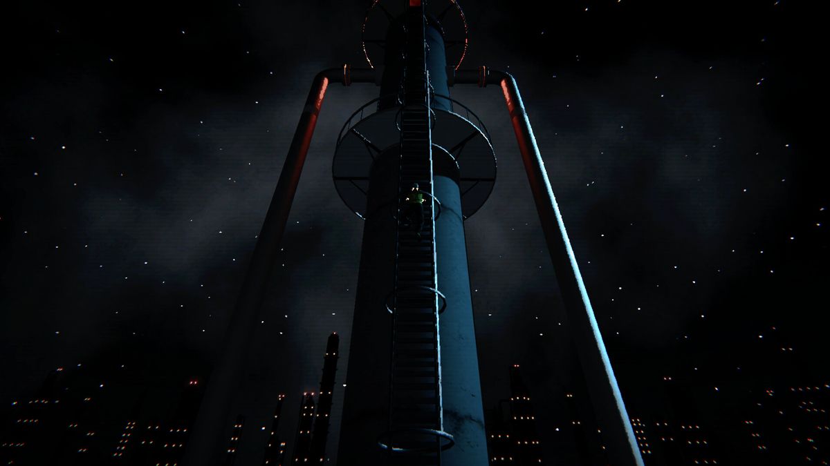 oil refinery tower at night