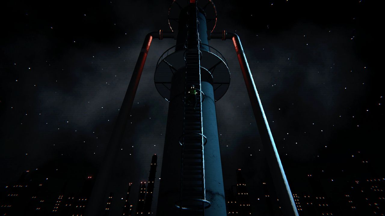 oil refinery tower at night