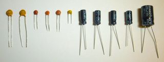 Several examples of capacitors. Capacitors store electric charge.