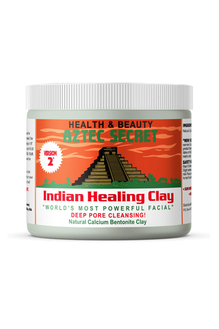 A jar of Aztec Secret Indian Healing Clay mask set against a white background.