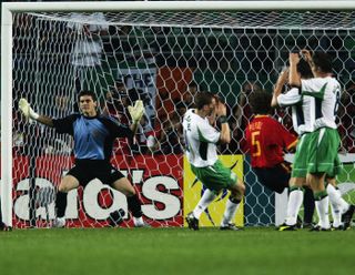 Spain goalkeeper Iker Casillas reacts to saving a penalty from the Republic of Ireland's Ian Harte at the 2002 World Cup.