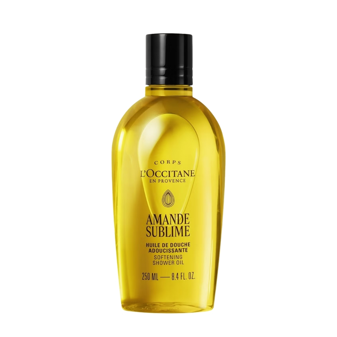 A product shot of the L'Occitane Almond Shower oil, on a white background