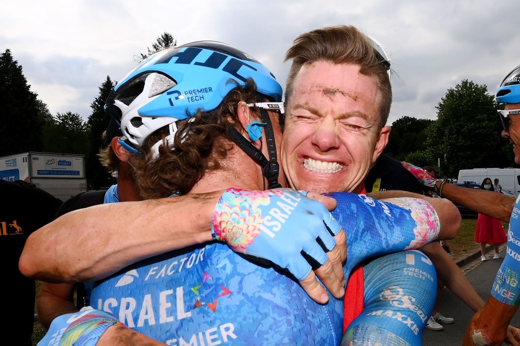 WALLERS FRANCE JULY 06 LR Michael Woods of Canada and stage winner Simon Clarke of Australia and Team Israel Premier Tech celebrate after the 109th Tour de France 2022 Stage 5 a 157km stage from Lille to WallersArenberg TDF2022 WorldTour on July 06 2022 in Wallers France Photo by Tim de WaeleGetty Images