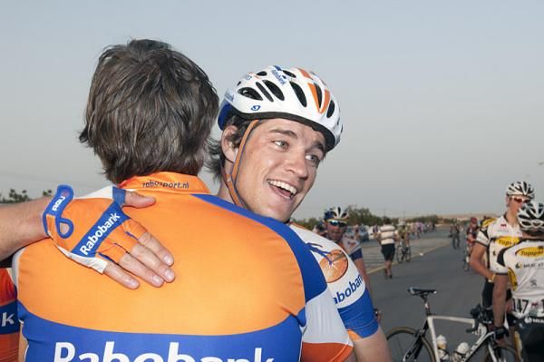 Stage three winner Theo Bos (Rabobank) is congratulated for his victory.