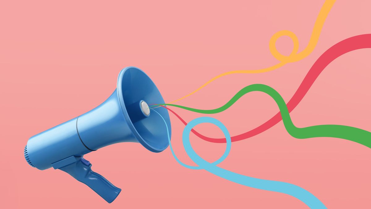 B2B marketing vector: Speaker with colourful sound waved ribbons