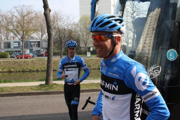 Tyler Farrar and Andreas Klier meet before their ride
