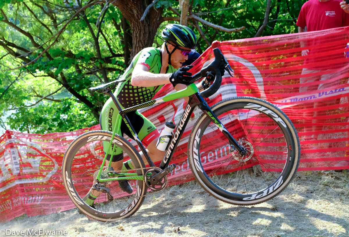 Stephen Hyde (Cannondale) leading the race with three laps to go.