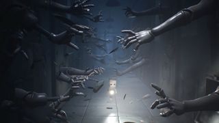 Best horror games - Little Nightmares 2 screenshot of hundreds of mannequin arms reaching out down a long corridor as the player character walks down it