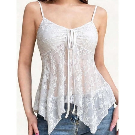 Tank Tops for Women Trendy Women's Lace Cami Top, Spaghetti Strap Sheer Mesh Camisole With Front Tie, Summer Asymmetric Hem Tank Tops for Beach Vacation White Xl
