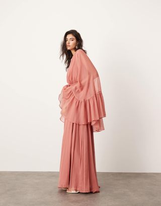 Asos Edition Chiffon Extreme Sleeve Maxi Dress With Ruffle Back Detail in Dusky Pink