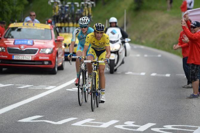 Alberto Contador (Tinkoff Saxo) leads Jakob Fuglsang (Astana) up the climb